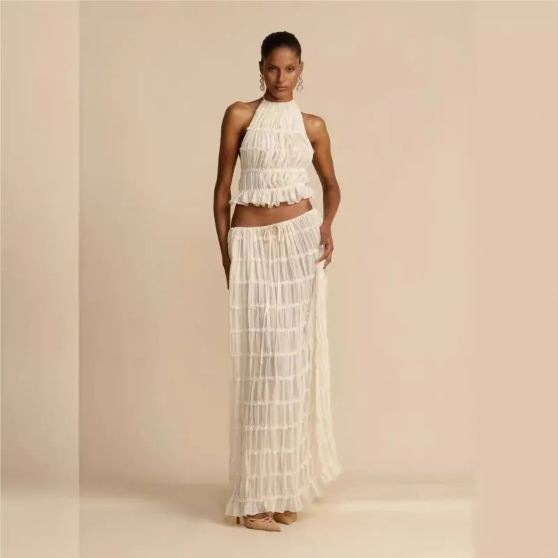 Fashion Long Skirt Set Women Sexy Sleeveless Backless Cropped Halter Top High Waist Skirt 2 Piece Sets Lady Chic Beach Dresses