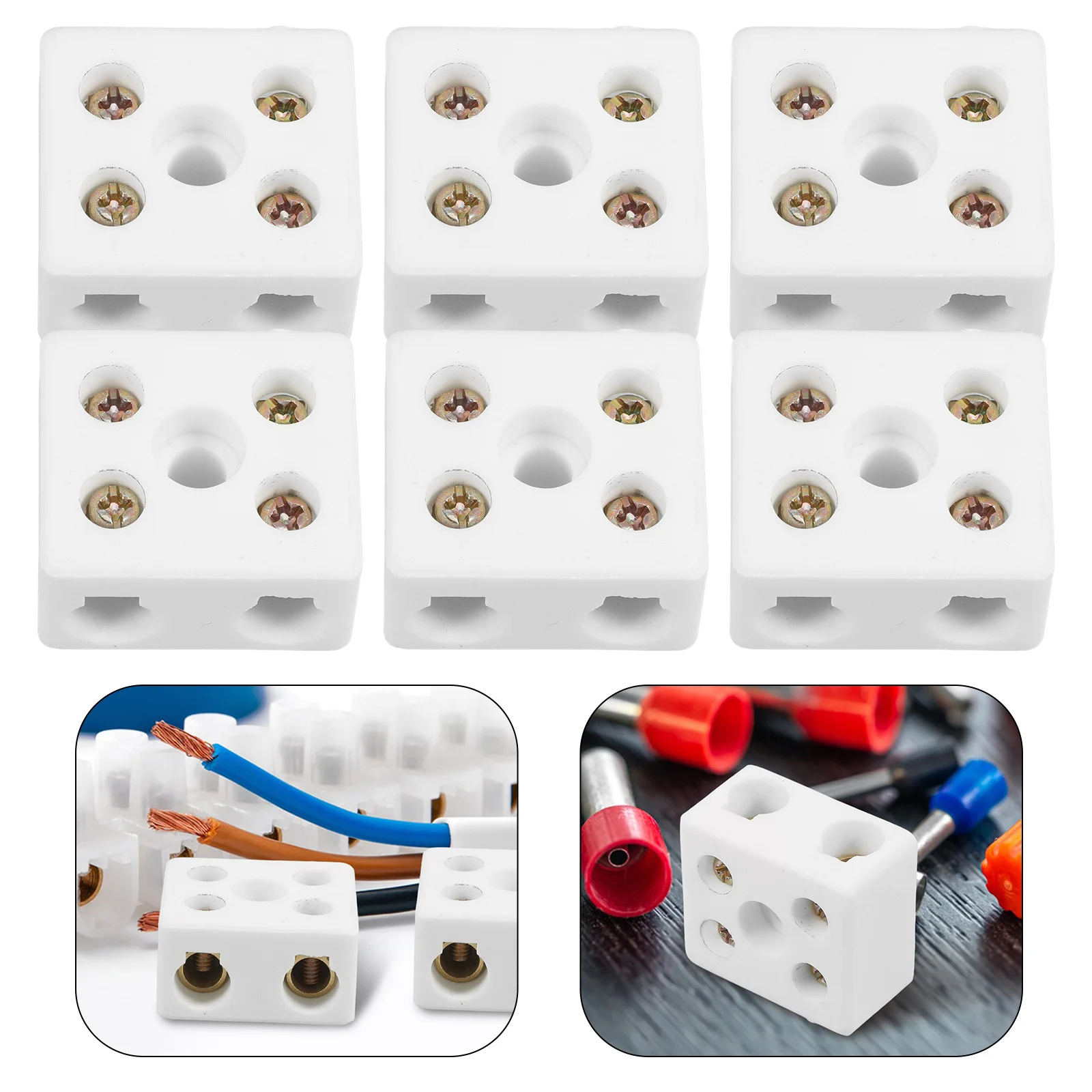 

6pcs High Temp Ceramic Connector 2 Way Terminal Hole Dual Row Electrical Wire Cable Connector High Temperature Resistant
