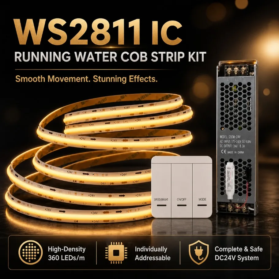 Taśma LED COB adresowalna DC24V WS2811 IC, 360 LED/m, efekt płynącej wody, 5-40m z bezprzewodowym kontrolerem i zestawem zasilającym.
