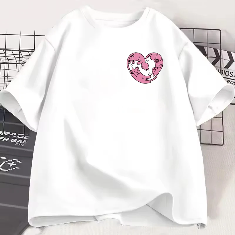 

Cute Heart-shaped Cat Patterned Men Women T-shirt Funny Kawaii Simple Harajuku Print Unisex Shirt Loose Casual Comfy Soft Tee