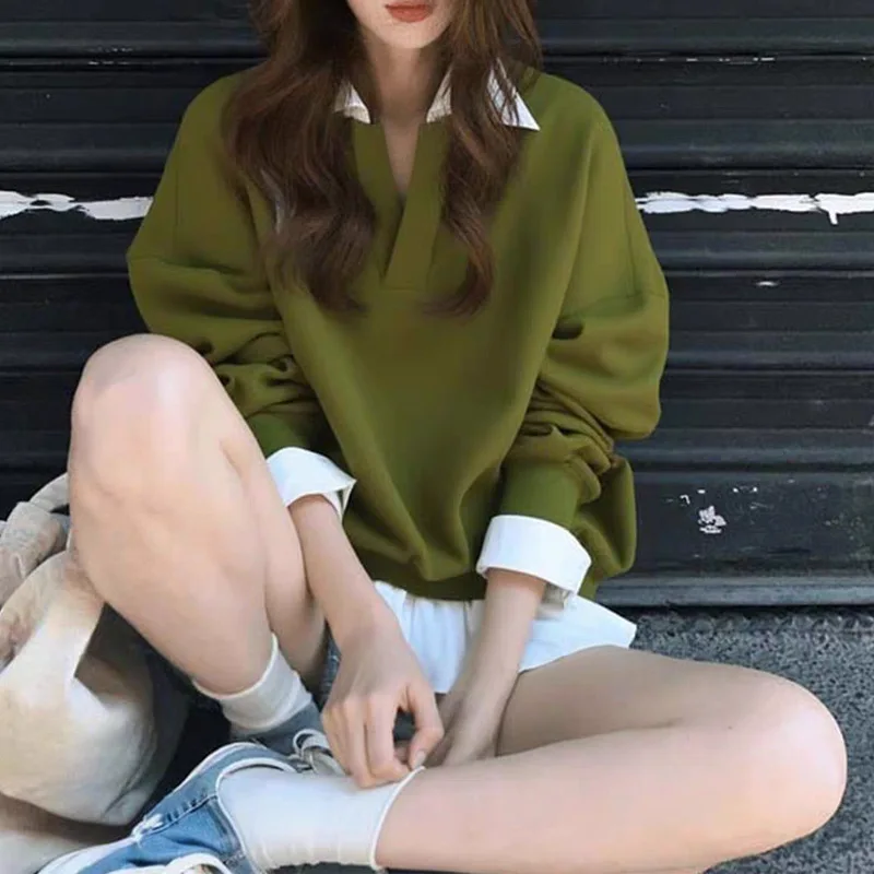 

Весенне-осенний короткий женский топ в корейском стиле, ретро, однотонный, с V-образным вырезом, имитация двухслойности, с отложным воротником, повседневная свободная женская одежда