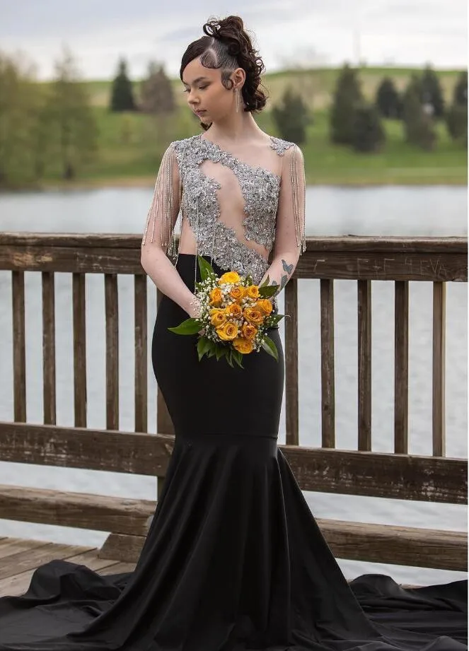 Vestido de fiesta de sirena de diamantes de lujo, cuello transparente, borla, largo, noche, cumpleaños