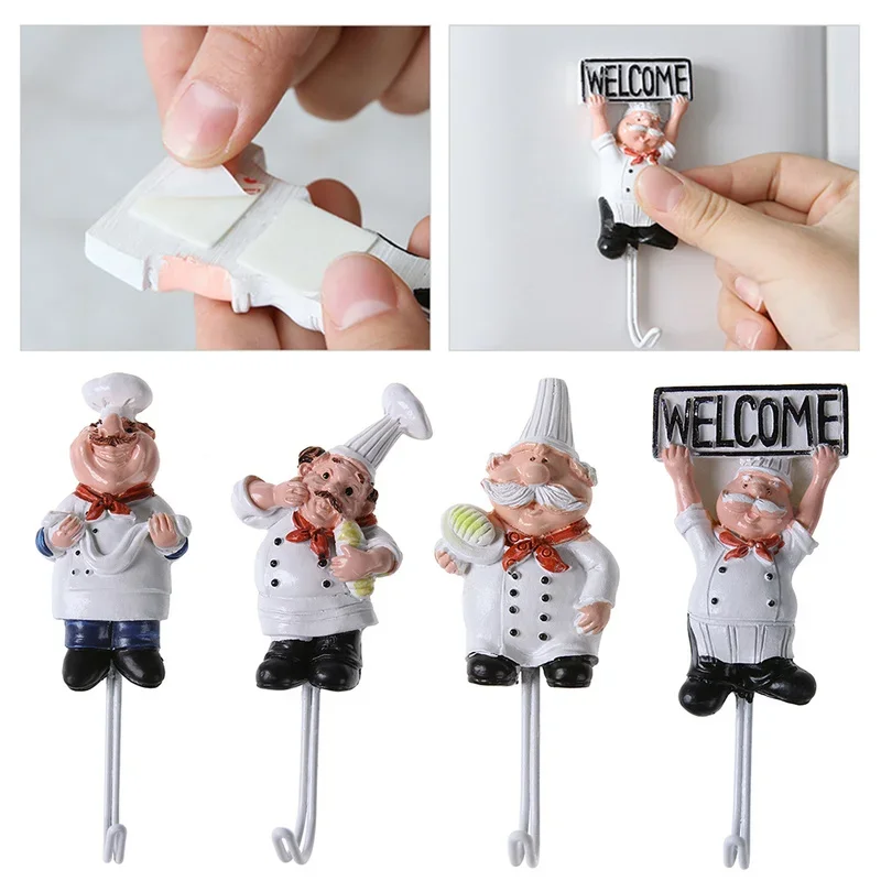 Powerful Cartoon Chef Racks Holders Hook Adhesive Door Clothes Coat Hat Bathroom Towel Hook Hanger Kitchen Wall Key Holder