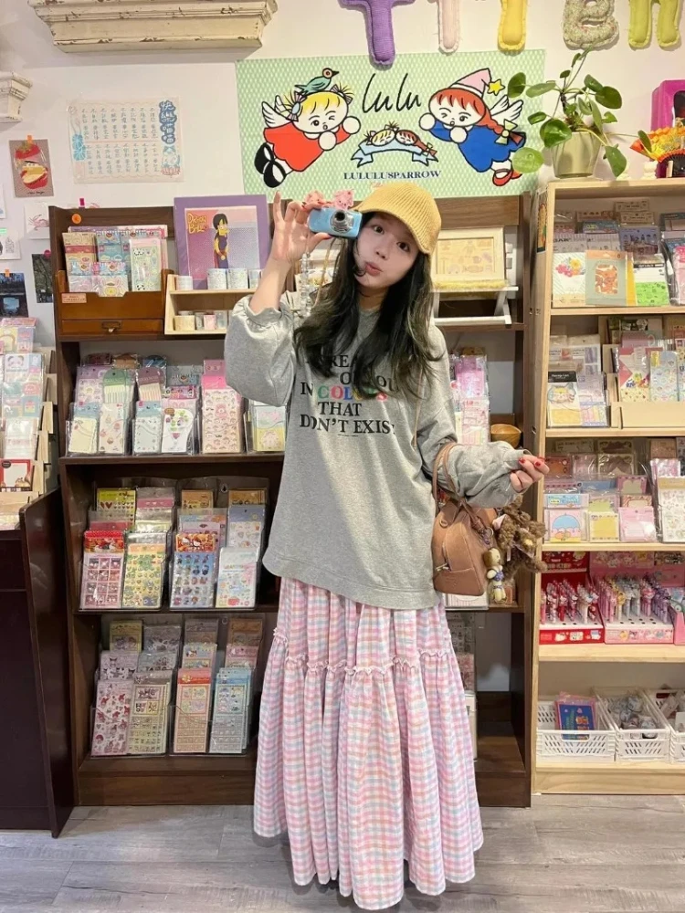 Rosa xadrez saia longa feminina japonês bonito mori meninas dobras saias de linha a primavera verão doce todos os jogos casuais faldas