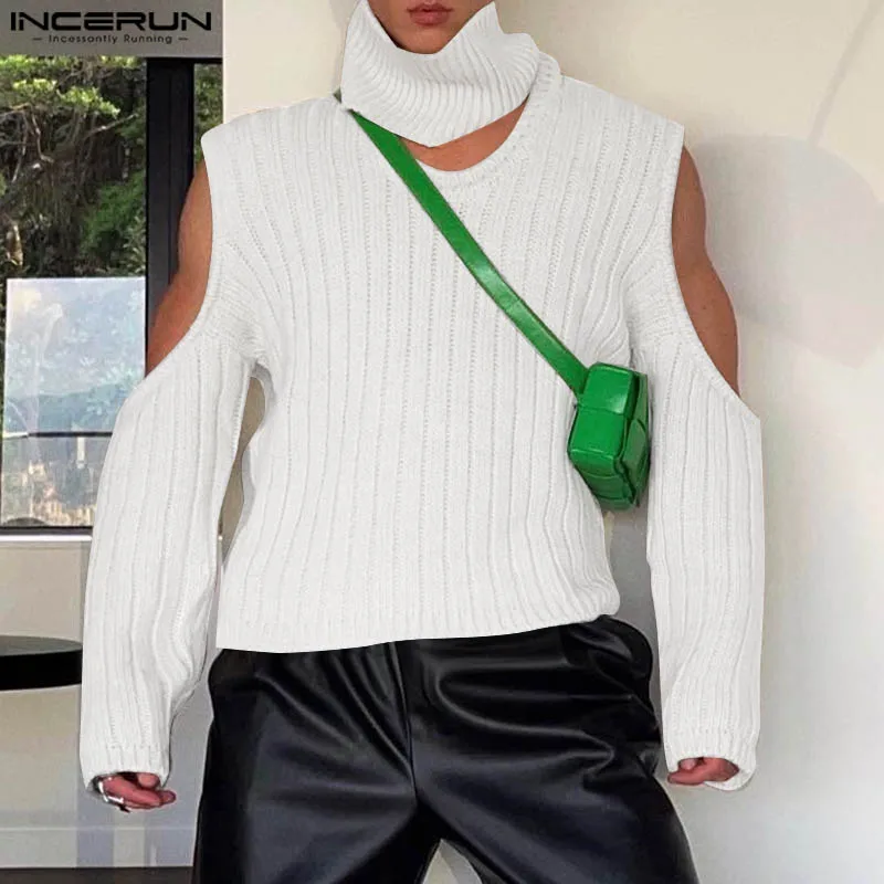 INCERUN Men Pullovers Solid Color Knitted Turtleneck Off Shoulder Long Sleeve Hollow Out Tops Streetwear 2024 Fashion Sweaters