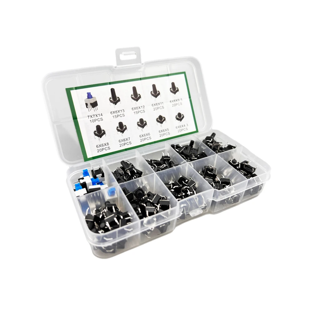 Juego de interruptores táctiles de luz, Kit surtido de interruptores de botón pulsador, accesorios para herramientas de bricolaje, 6x6 teclas de tacto encendido/apagado, 10 tipos, 180 piezas