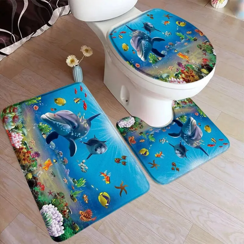 VIKAMA 3pcs Undersea Creature Print Bathroom Mat Set for Toilet, Noise Reducing & Washable, Home Entrance Hallway Rug Home Decor