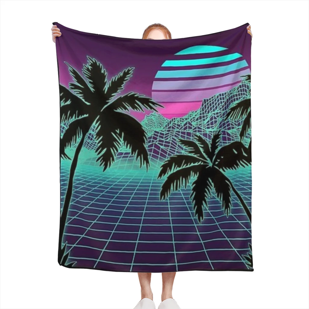 

Retro 80s Vaporwave Sunset Sunrise With Outrun style grid print Medium Blanket Comforter Flannel Soft throw Blankets Warm