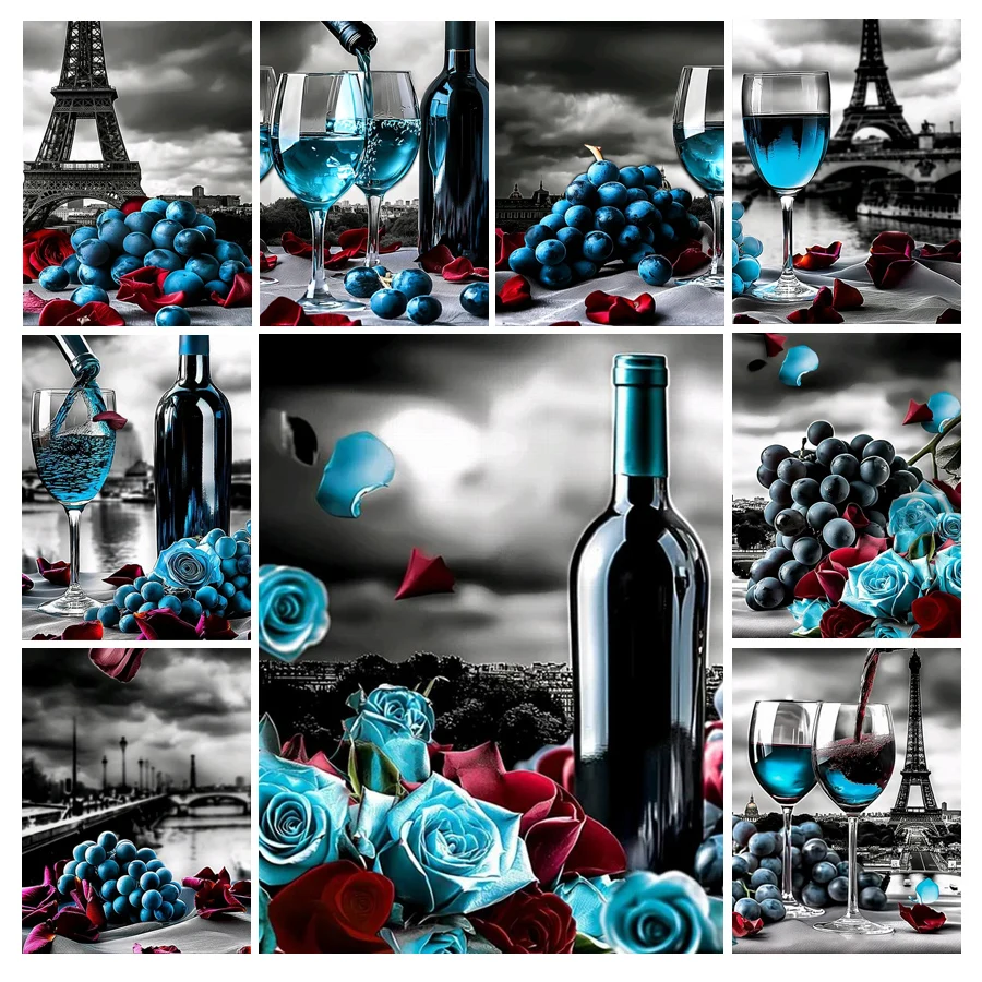 Fullcang Diy 5d Diamond Painting French Blueberry Wine Full Rhinestone Art Mosaic Embroidery Romantic Rose Tower Wall Decor