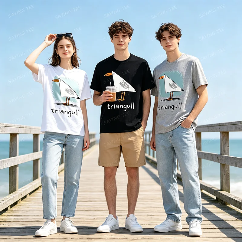 Triangull Dreieck Möwe Vogel Wortspiel Lustiges Strand-T-Shirt Y2k Vogelkunst Grafik-Bekleidung Weiche Baumwolle Kurzarm-T-Shirts Neuheit – Detail 3