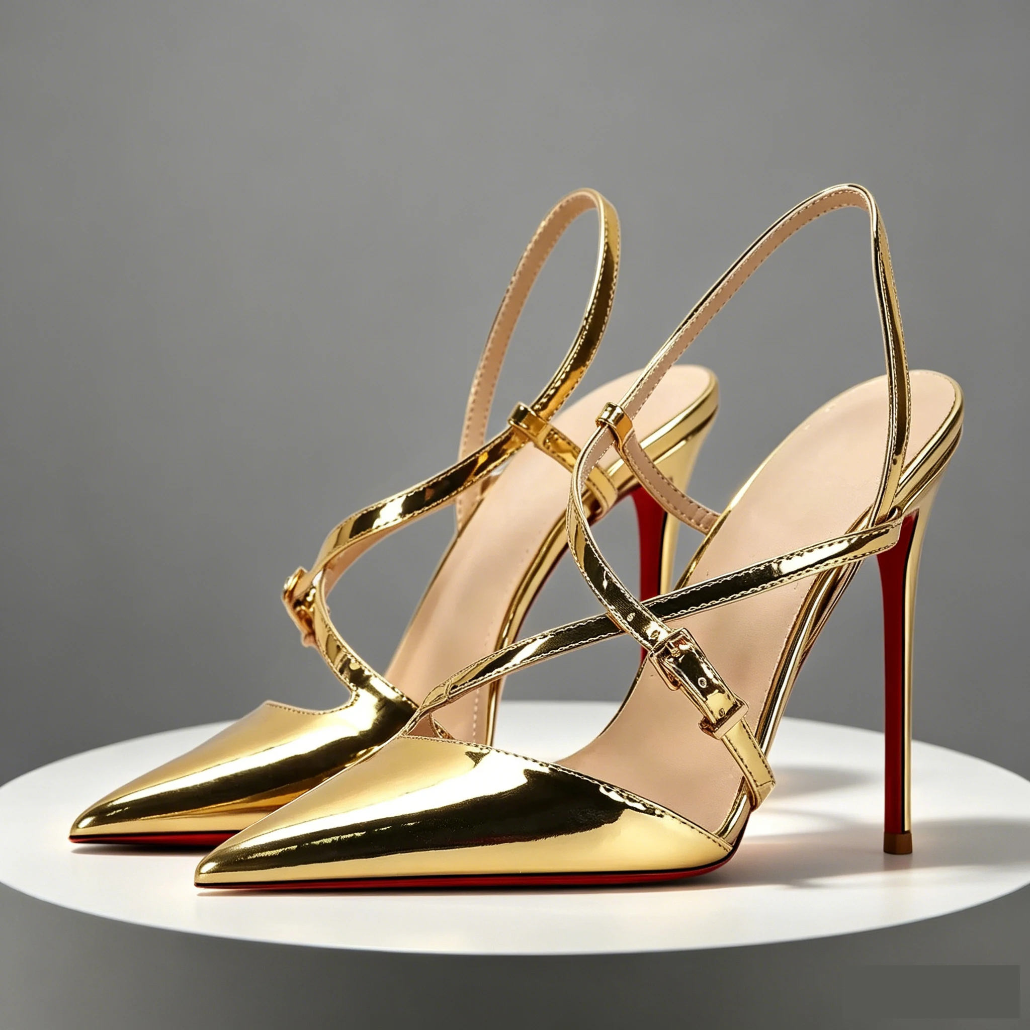 

2026New Gold Plus Size fashionable pointed-toe sandals, stiletto heels with a red sole, elegant and sexy plus-size high heels