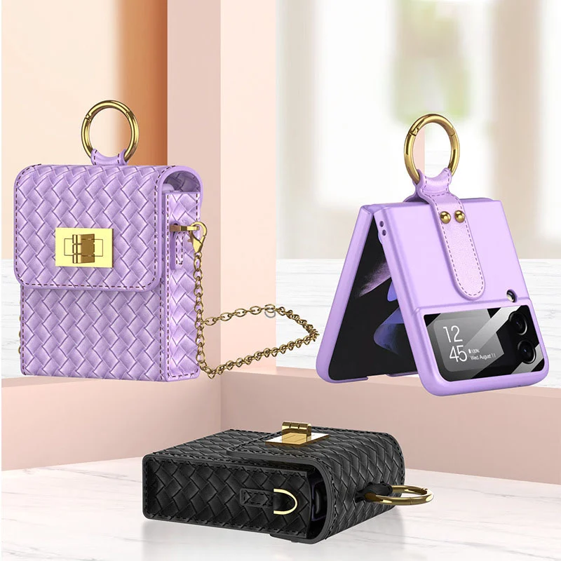 Luxury Crossbody Bag for Samsung Z Flip 3 4 Case Woven Shoulder Bag with Chain for Galaxy Z Flip3 Flip4 Case with Ring Buckle