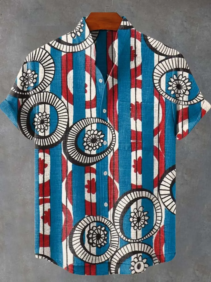 صيف 2025 قميص الباتيك فن أنيق رائع نمط الطوطم الكتان الرجال قميص قصير الأكمام عادية مريحة زر علوي