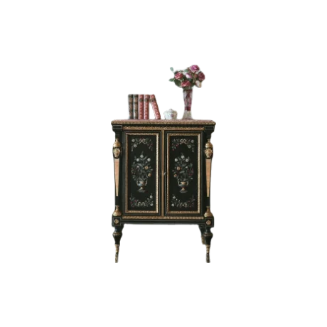 

European-style painted dining side cabinet, colored hard stone inlaid walnut side cabinet, retro storage decorative cabinet