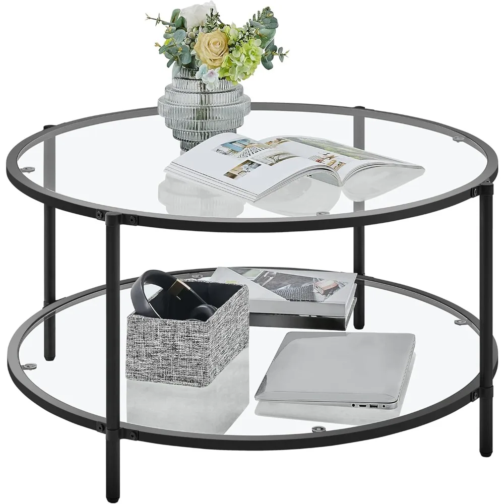 

Glass Top Coffee Table, Round Coffee Table for Living Room with Storage Shelf, 36" Modern Glass Center Table