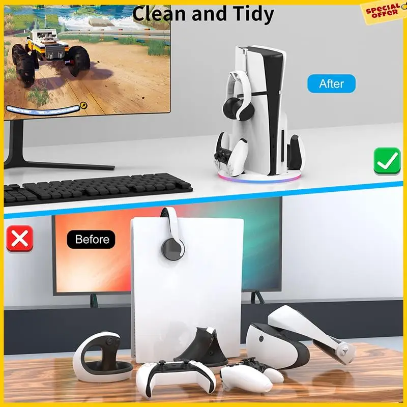 

A25P для PS5 Slim, док-станция для хранения консоли с RGB-подсветкой, док-станция, зарядное устройство + крючок, многофункциональная, удобная, прочная консольная док-станция