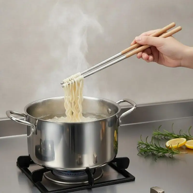1 Pair Non Slip 304 Stainless Steel Chopsticks With Wooden Handles Extended Length Suitable For Home Restaurant And Hot Pot