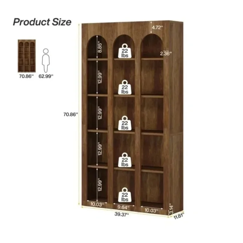 5-Tier Modern Wood Farmhouse Home Office Arched Top Design Tall Bookshelf Bookcase with Open Large Storage