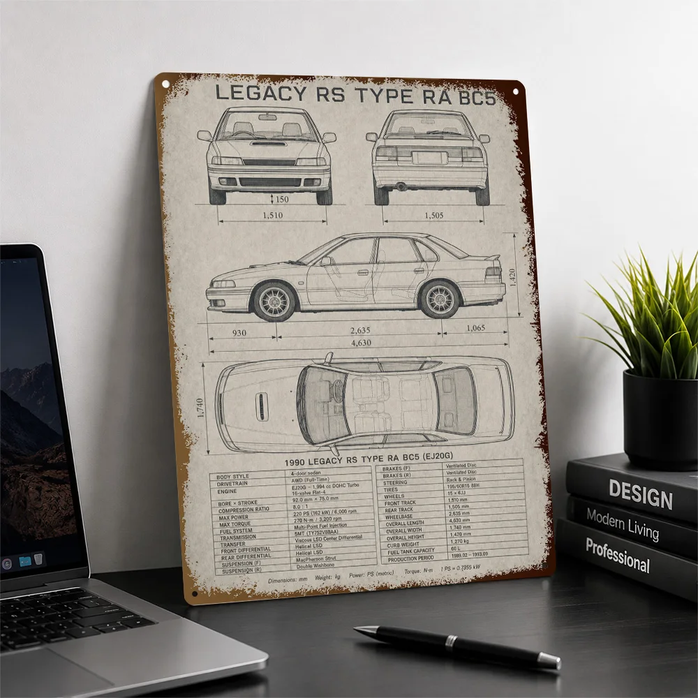Japan Legacy RS Type RA BC5 Technical Drawing Textured Poster Personalized Aluminum Metal Sign Wall Art For Study And Man Cave