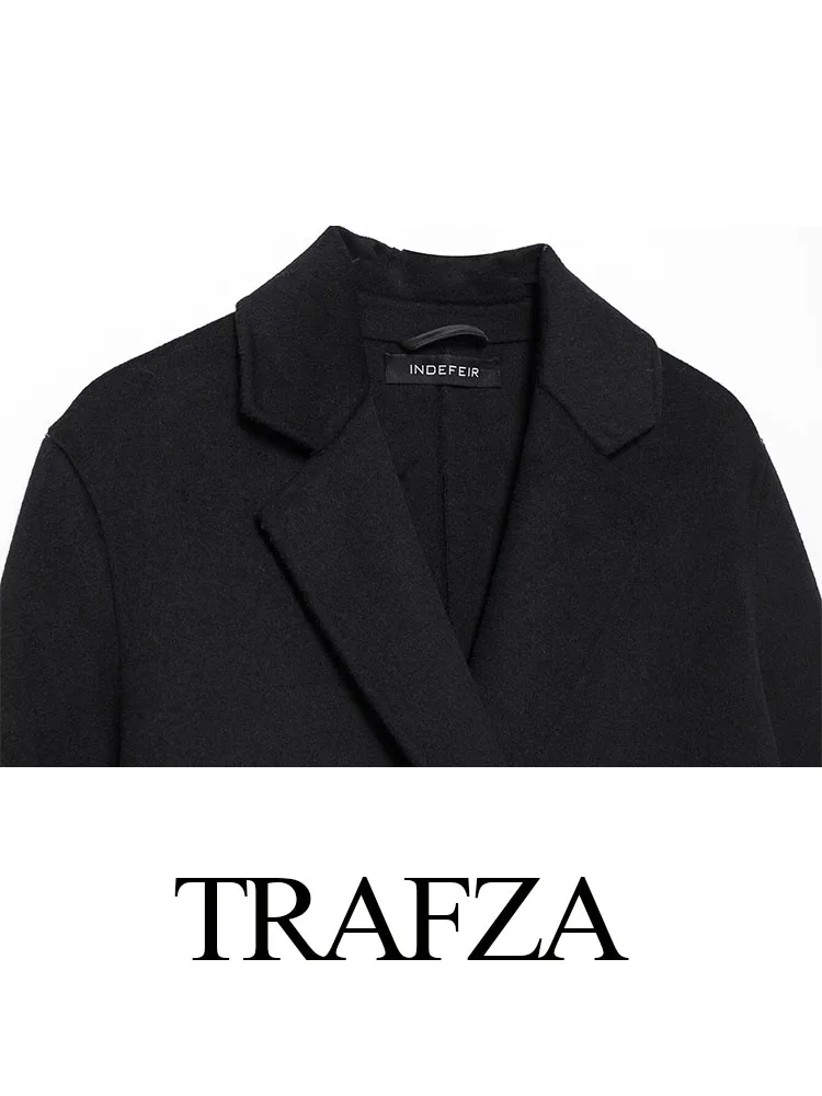 TRAFZA, abrigos largos de invierno para mujer, moda negra, cuello vuelto, mangas largas, bolsillos, doble botonadura, abrigos sueltos informales para mujer