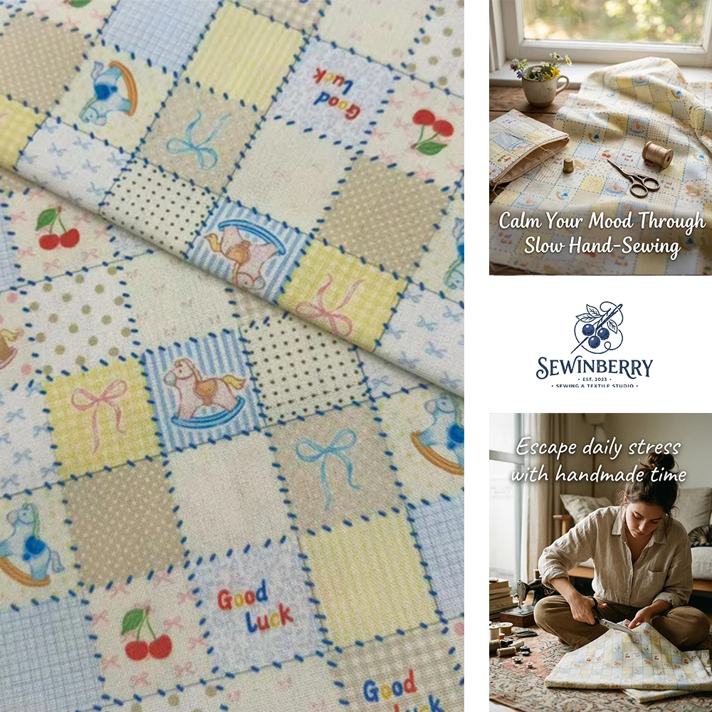 Vintage Baby Patchwork Rocking Horse Cherry Bow Print Cotton Fabric Stress Relief DIY Sewing Material For Infant Quilt