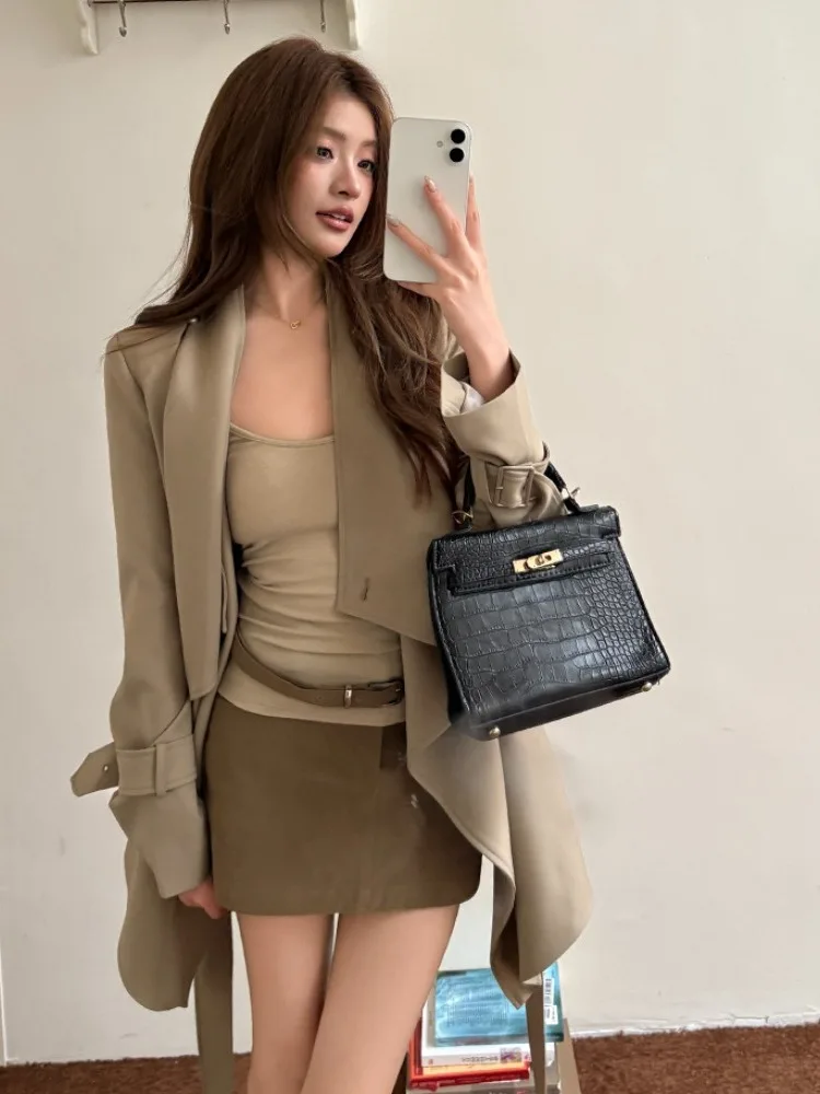 

Autumn Winter Khaki Vintage Hepburn Sle Women's Coat Loose Drapey Belted Lapel Windbreaker Long Sve Midi Polyester Viscose