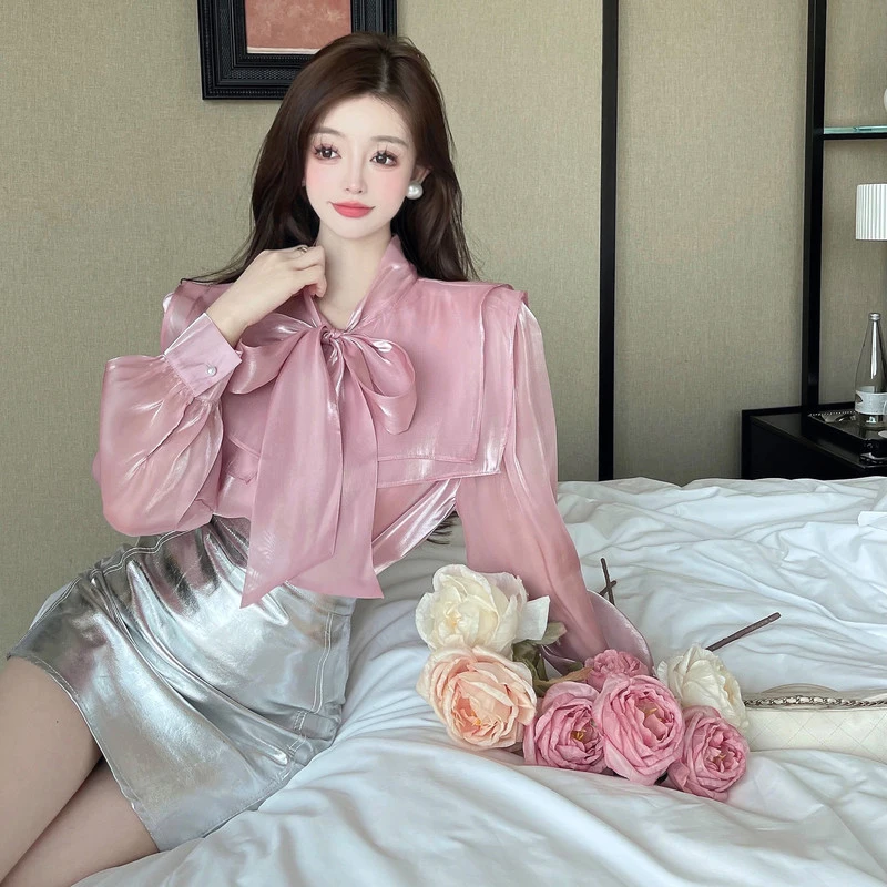 Fashion Bright Tuxedo Shirts Women New Elegant Long Sleeve Bandage Bow Double Peter Pan Collar Blouses and Tops Mujer