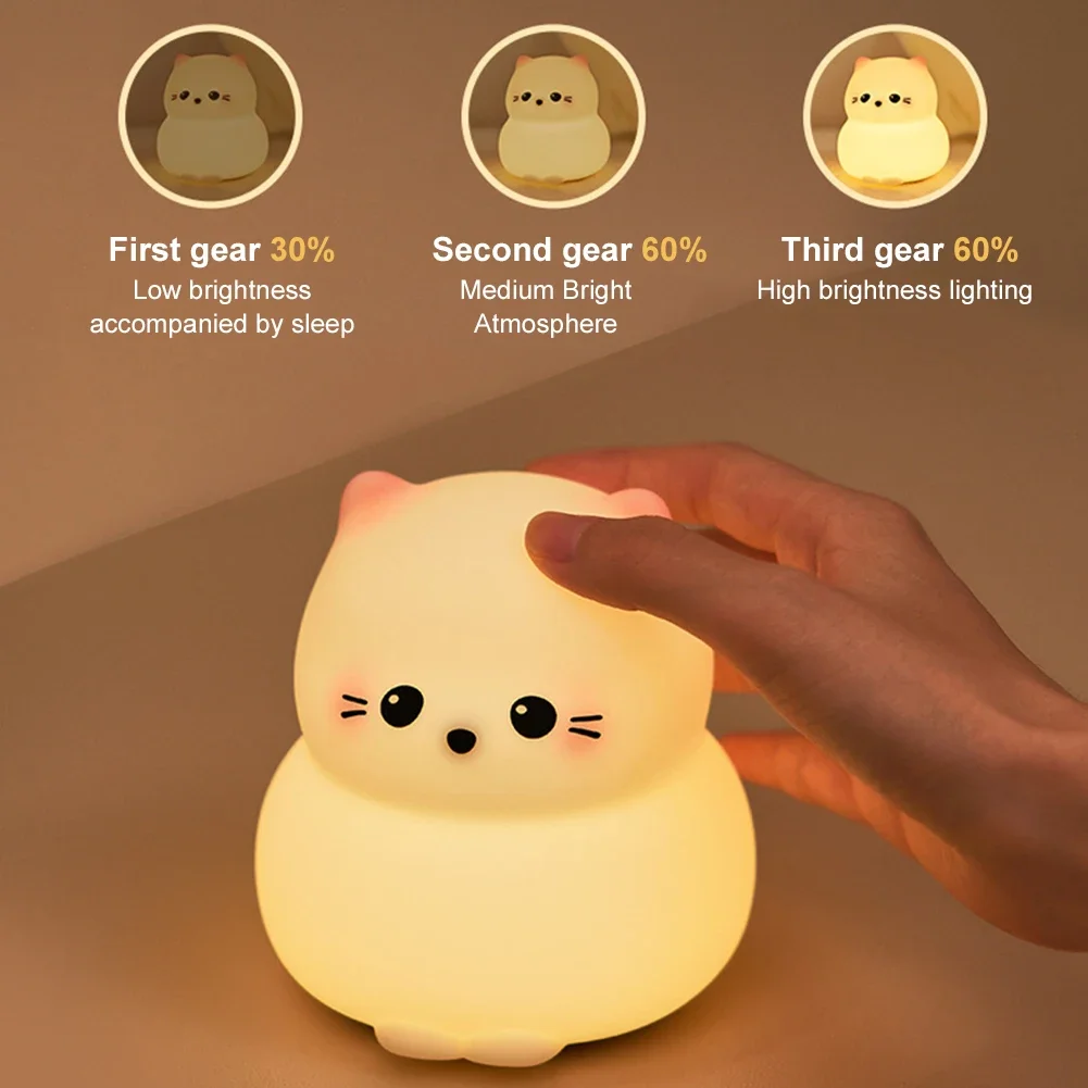 Guardian Kitty Silicone LED Night Lights USB Rechargeable Sleep Night Lamp Timing Bedside Room Decor Kids Baby nightlight Gift