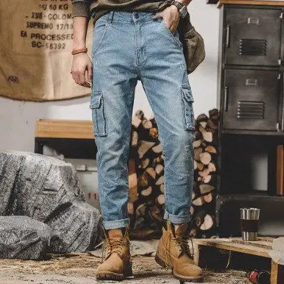 

Men's Slim Fit Stretch Denim Jeans Spring Autumn Cross-Border Sle Elastic Side ket mid Waist Ro Sle Casual Wear