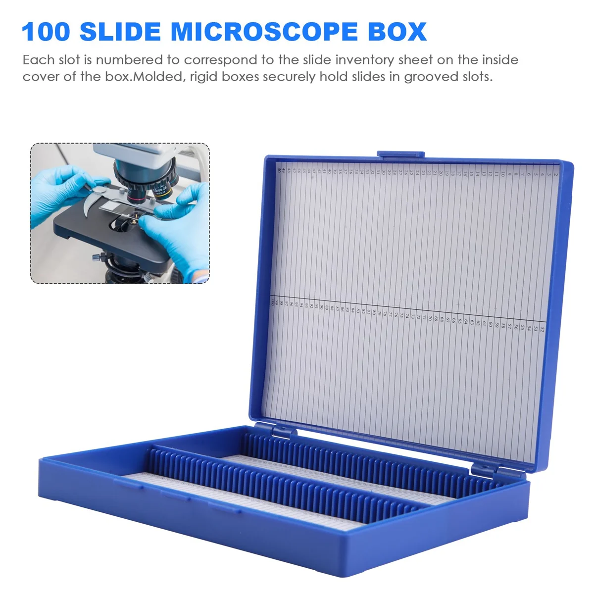 Caja de microscopio de diapositivas de microslide con capacidad rectangular de plástico azul real 100