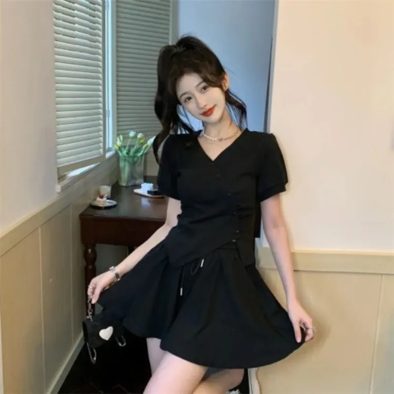 Irregular Short Sets Women V-neck Short-sleeved Solid Color T-shirts + High Waist Drawstring Shorts Summer Two-piece Set Female