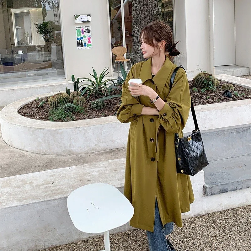 

New mid-length solid color casual and fashionable two-color long trench coat for women