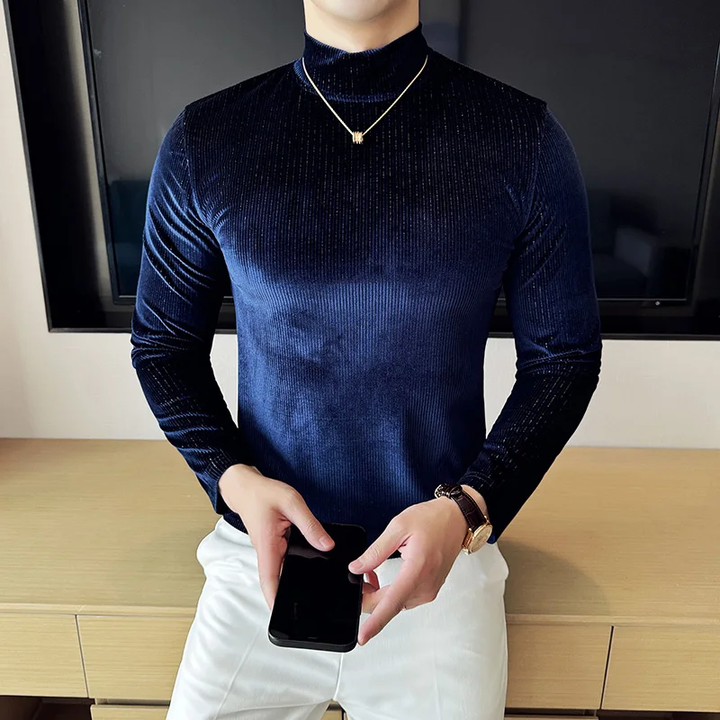 Long-sleeved Striped Men's Slim T Shirts High End Half Turtleneck Velour Tee Shirt Tops Quality Korean Stylish Pullover Jumper