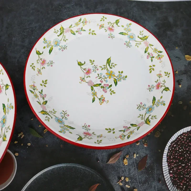 35CM Large Enamel Serving Tray with Red-Trim, Rust-Resistant & Heat-Resistant, Multi-Purpose for Tea, Snacks & BBQ, Retro Style