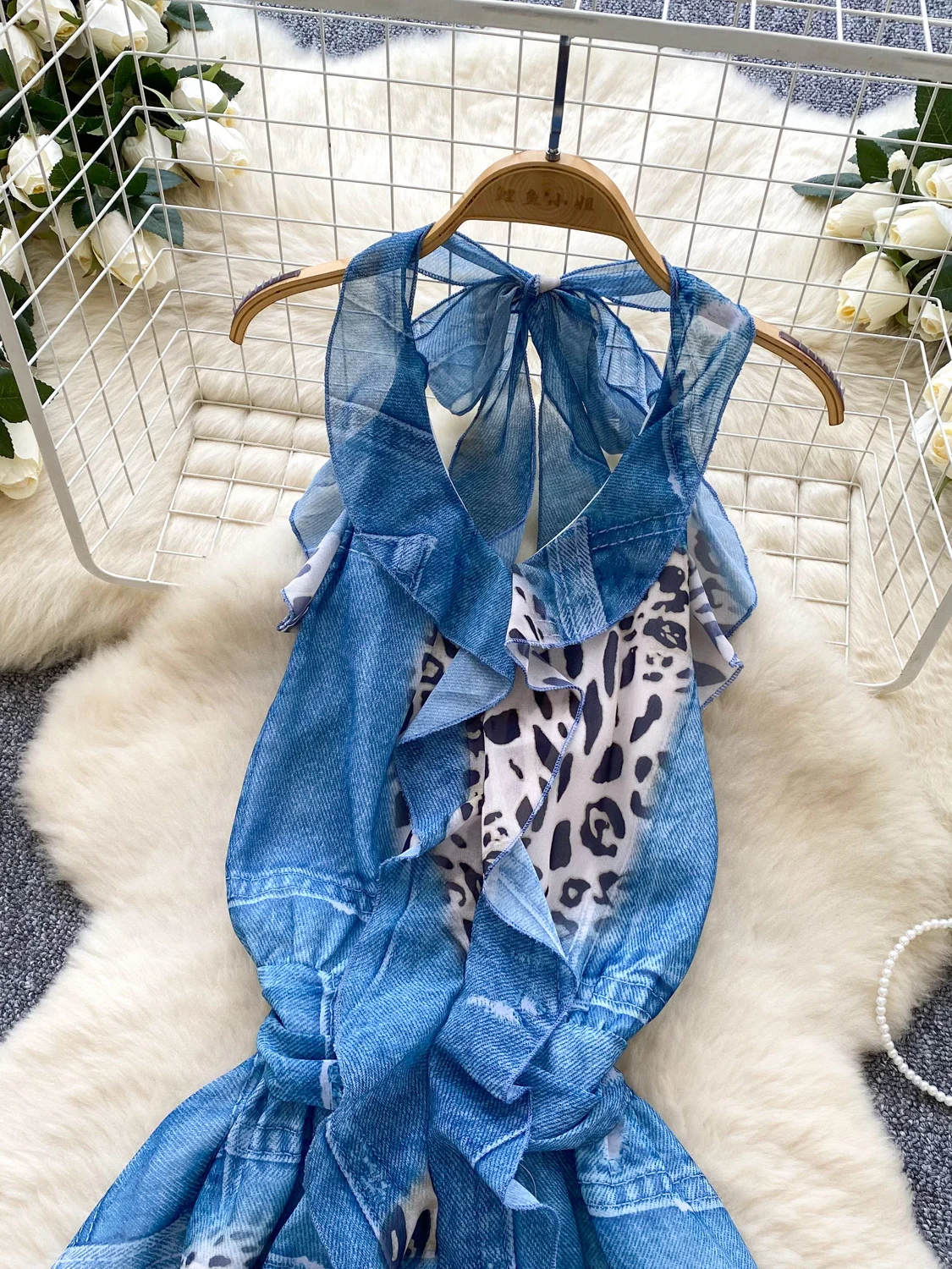 Foamlina Abbigliamento per le vacanze estive Mini abito corto senza maniche Vita da ragazza Skinny Halter Bretella Abiti con stampa bordo volant