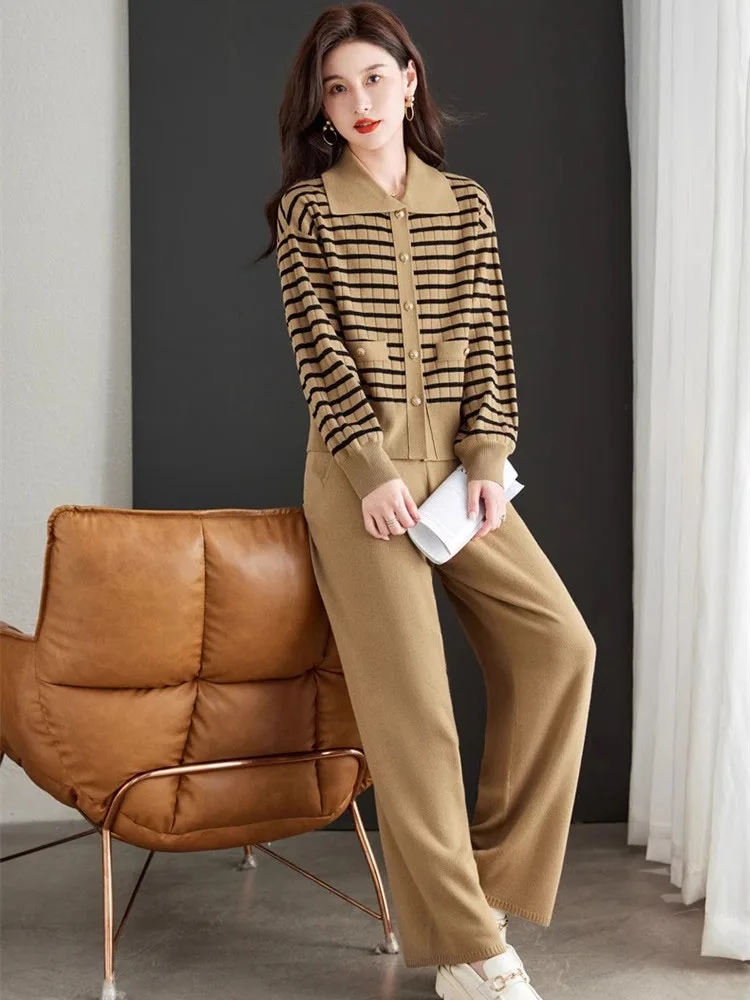 Casual Knitted Sweater 2 Pieces Sets Korean Stripe Knitwear Cardigan Slim Tops Conjuntos High Waist Baggy Wide Leg Pants Suits