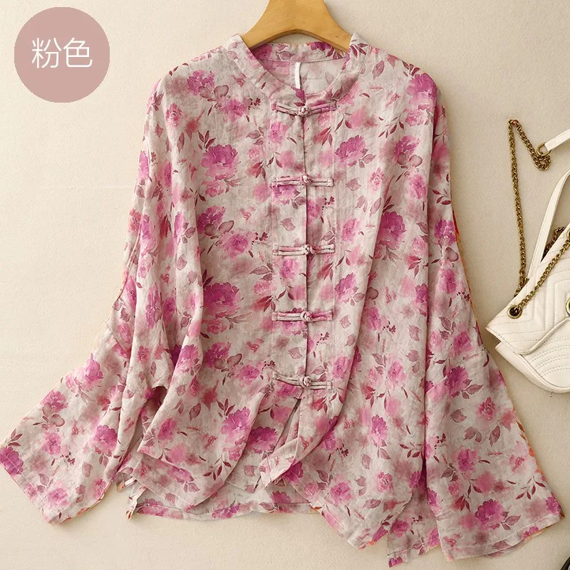 Camisa casual de manga comprida feminina, estampa floral vintage, tops básicos femininos soltos, estilo chinês, nova chegada, B3932, 2021