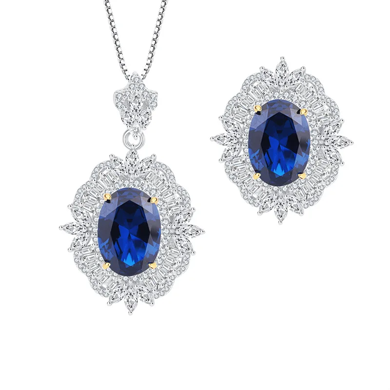 Jewelry S925 Silver Hot Sale Royal Blue Sapphire Vintage Style Pendant Ring Set Main Stone 10*14