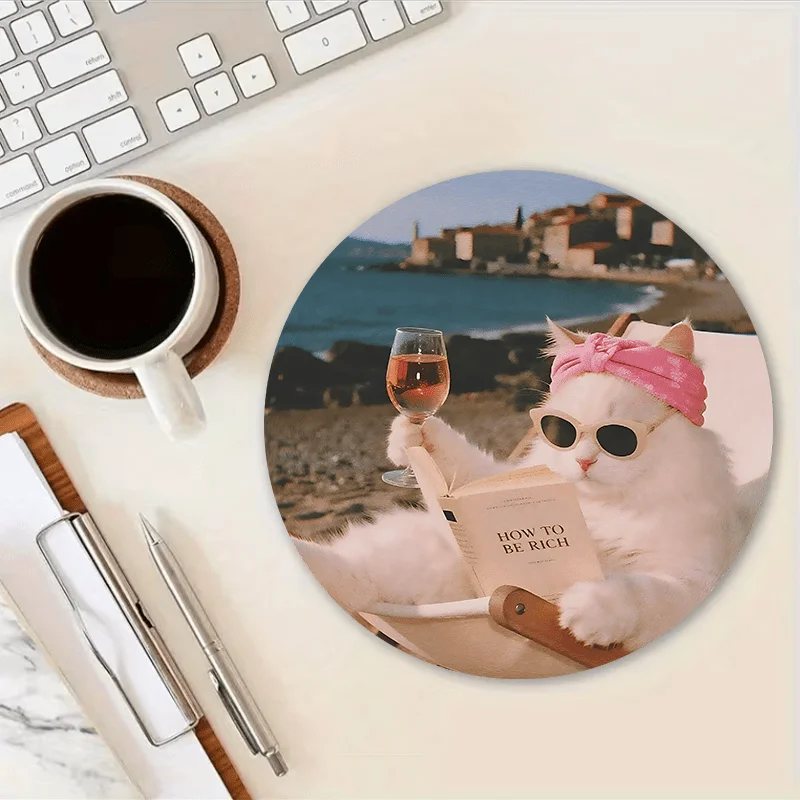 Cute Cat Reading Book Mouse Pad Small Round Mouse Pads Gaming Mouse Pad Desk Pad Non-Slip Rubber Office Work Home Desktop Decor