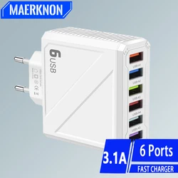 USB Fast Charger 3.1A 6 Ports Fast Charging Phone Charger Adapter For iPhone Samsung Xiaomi Huawei Multi Ports USB Wall Charger