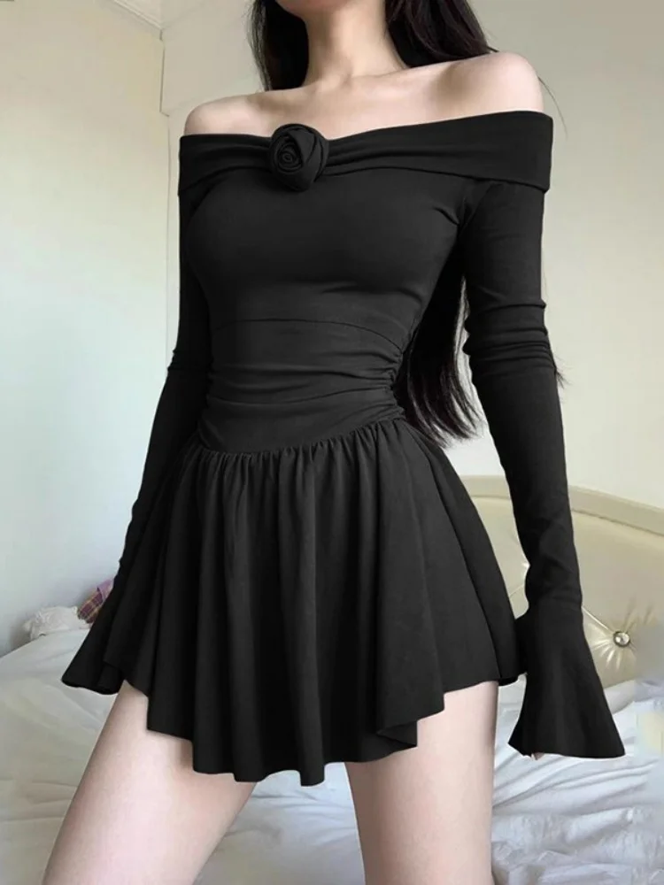 

Off Shoulder Black Dress For Women Aesthetic Clothes Tie Flower Vestidos De Mujer Long Sleeve One Piece Y2k Clothes Streetwear