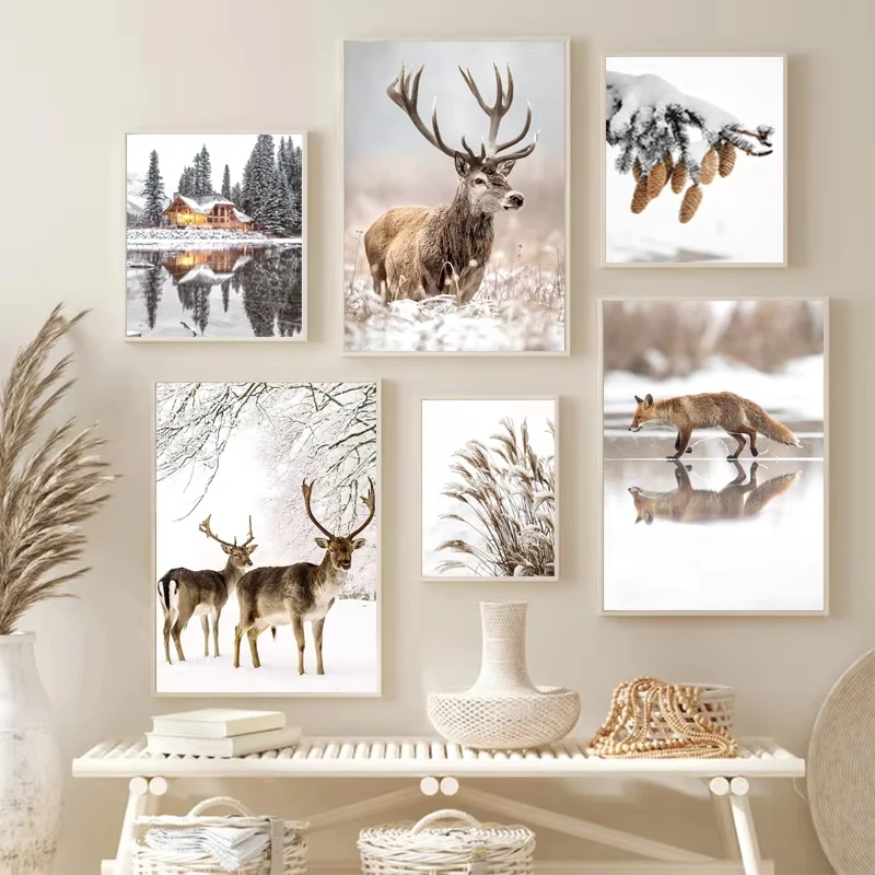 Elk Squirrel Wood Winter Snowy Landscape Beige Nordic Poster for Wall Decorative Painting Canvas Print Art Picture Living Room