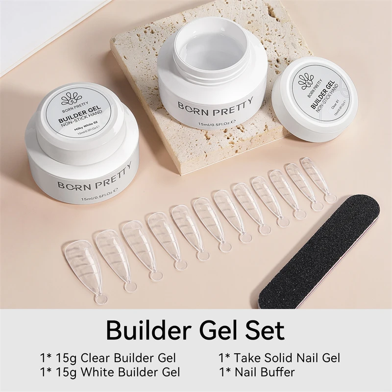 BORN PRETTY 15ml Clear White No Stick Hand Extension Gel Nail Kit With Nail Buffer Tips Mould 5D Sculpting Nail Art Prolong Gel