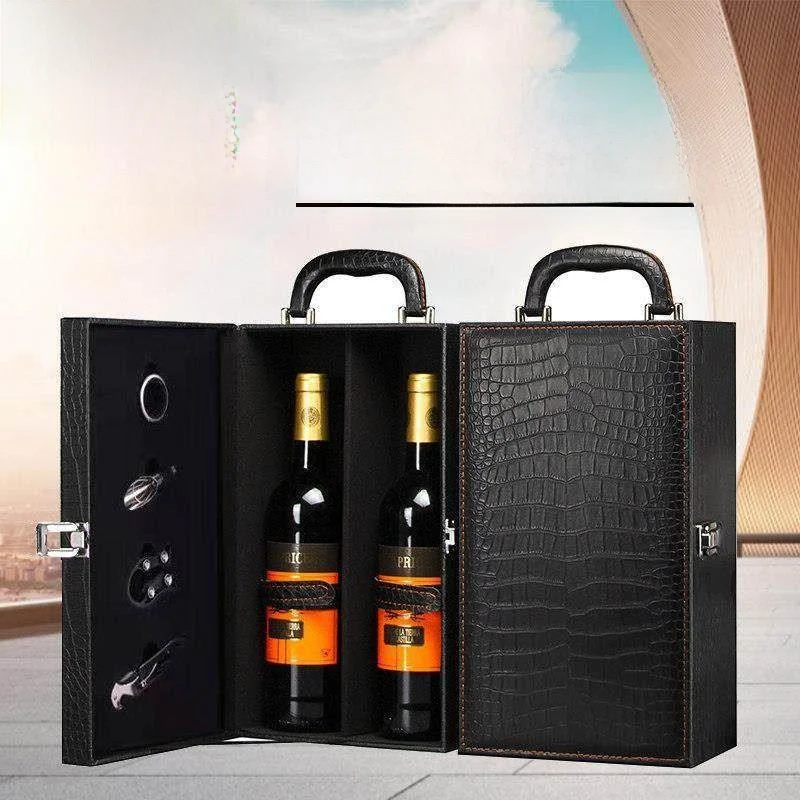 

Элитная подарочная коробка для двух бутылок красного вина, премиальная кожаная упаковка, люксовая коробка для вина ручной работы, решение для хранения вина для ценителей.