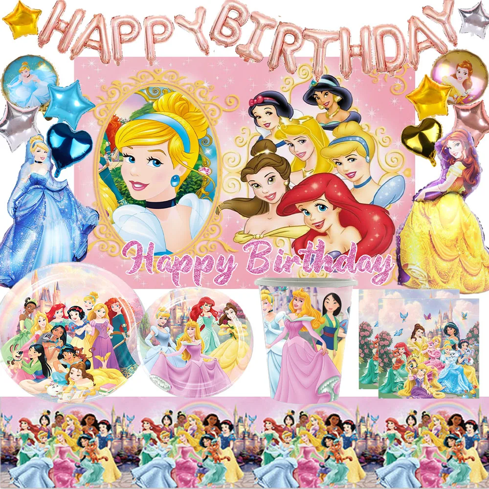 

Disney Princess Disposable Tableware Set Birthday Party Decorations Paper Cups Plates Balloons Backdrop Supplies Girl Favor Gift