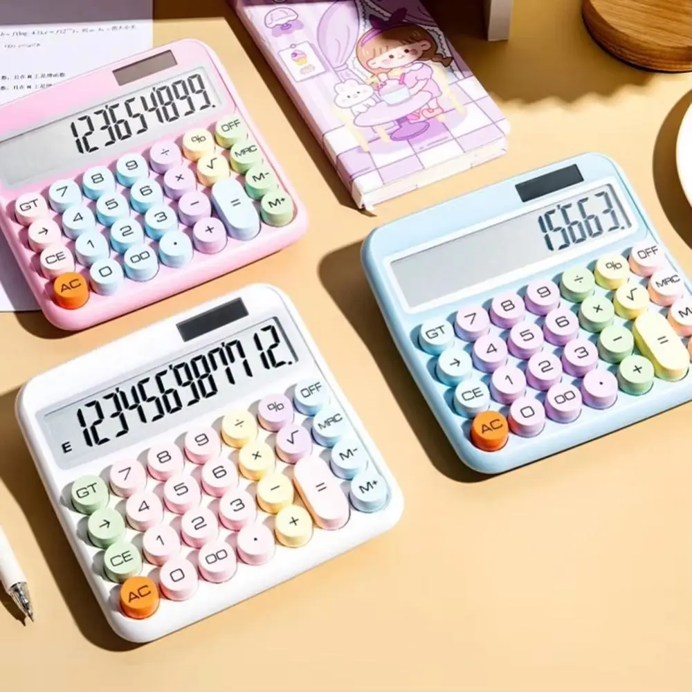 Solar Powered 12 Digits Calculator Widscreen Home Candy Color Calculator Mechanical Keyboard School Office Dopamine Calculator