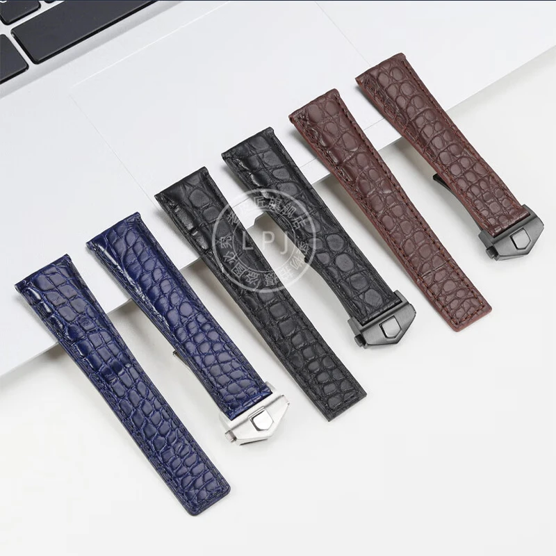 Black Brown Blue crocodile skin Folding Buckle Strap for TAG Heuer Watchband Kalela Heritage Monaco cowhide Bottom Strap 20/22mm