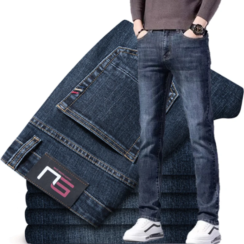 Business Stretch Straight Leg Men Jeans Spring Autumn Youth Popular Male Vintage Versatile Washed Wear Resistant Denim Trousers