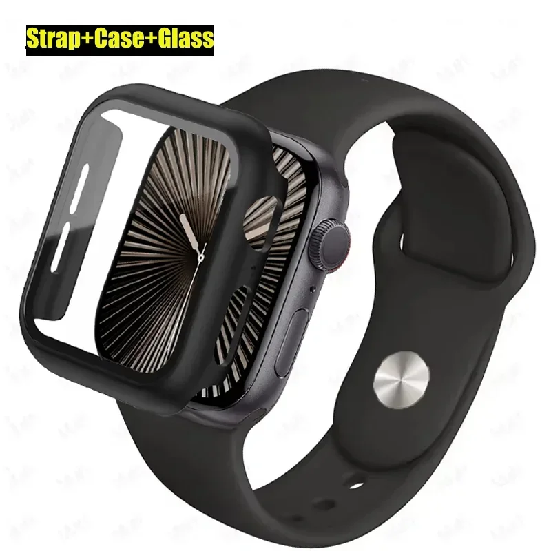 Kaca + Casing + Tali untuk Apple Watch Band 46Mm 45Mm 41Mm 44Mm 40Mm 38/42Mm Gelang Silikon IWatch Seri 10 8 9 7 6 5 4 3 SE Tali