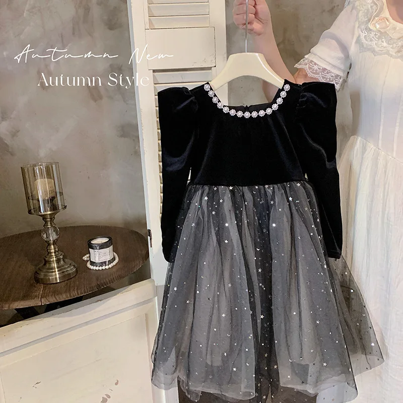 

Girl Dress Autumn Winter 2024 New Long Sleeves Babysbreath Full Dress Black Princess Dress Add Velvet Thickened Fashion Sweet